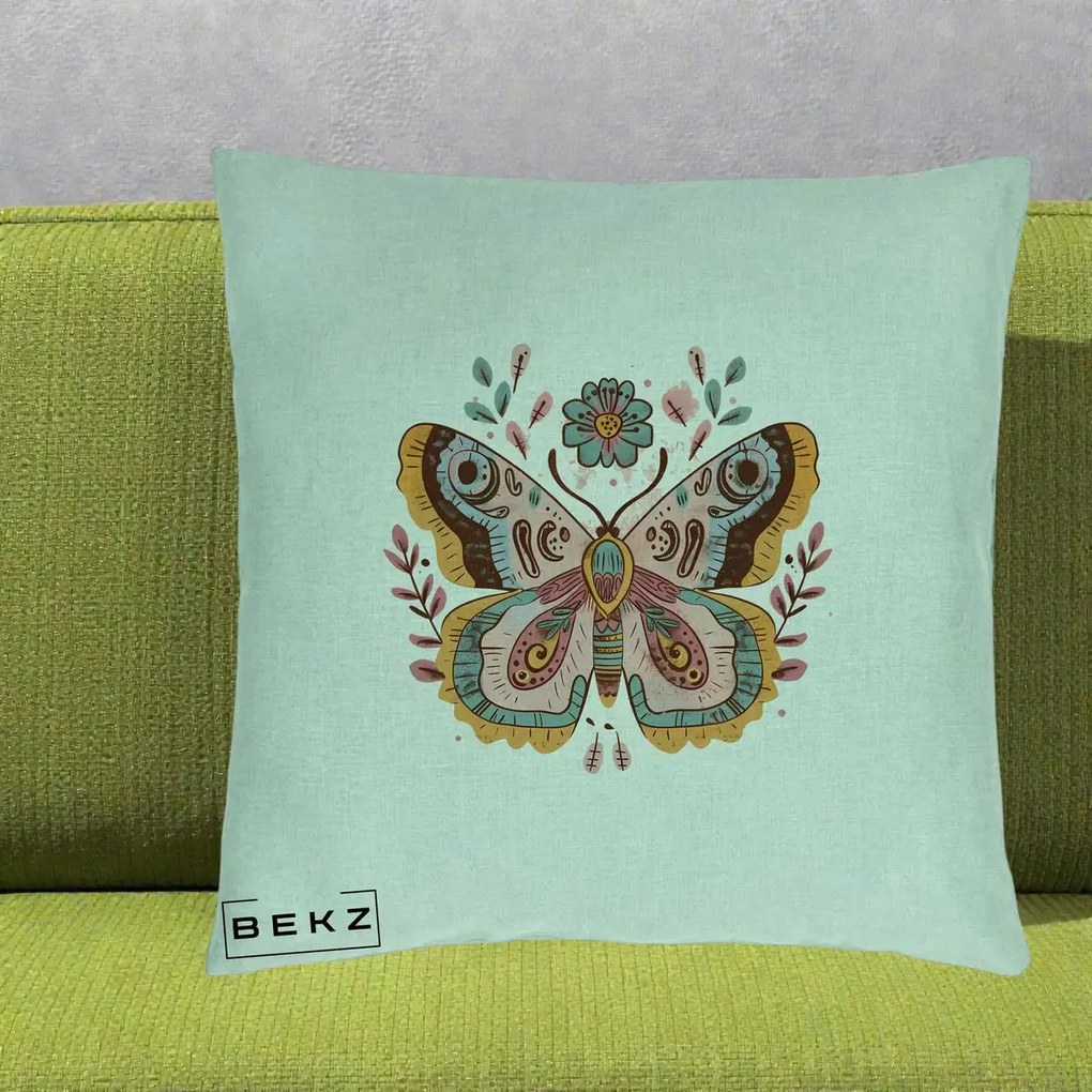 Perna Decorativa Fluture Boho Floral, 40x40 cm, Verde Menta, Husa Detasabila, Perna Inclusa, BEKZ®