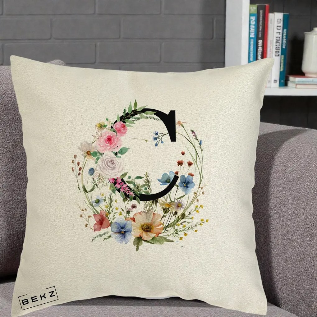 Cadou Personalizat - Perna Personalizata Monogram Litera C cu Flori Acuarela, 40x40 cm, Ecru, Husa Detasabila, Perna Inclusa, BEKZ®