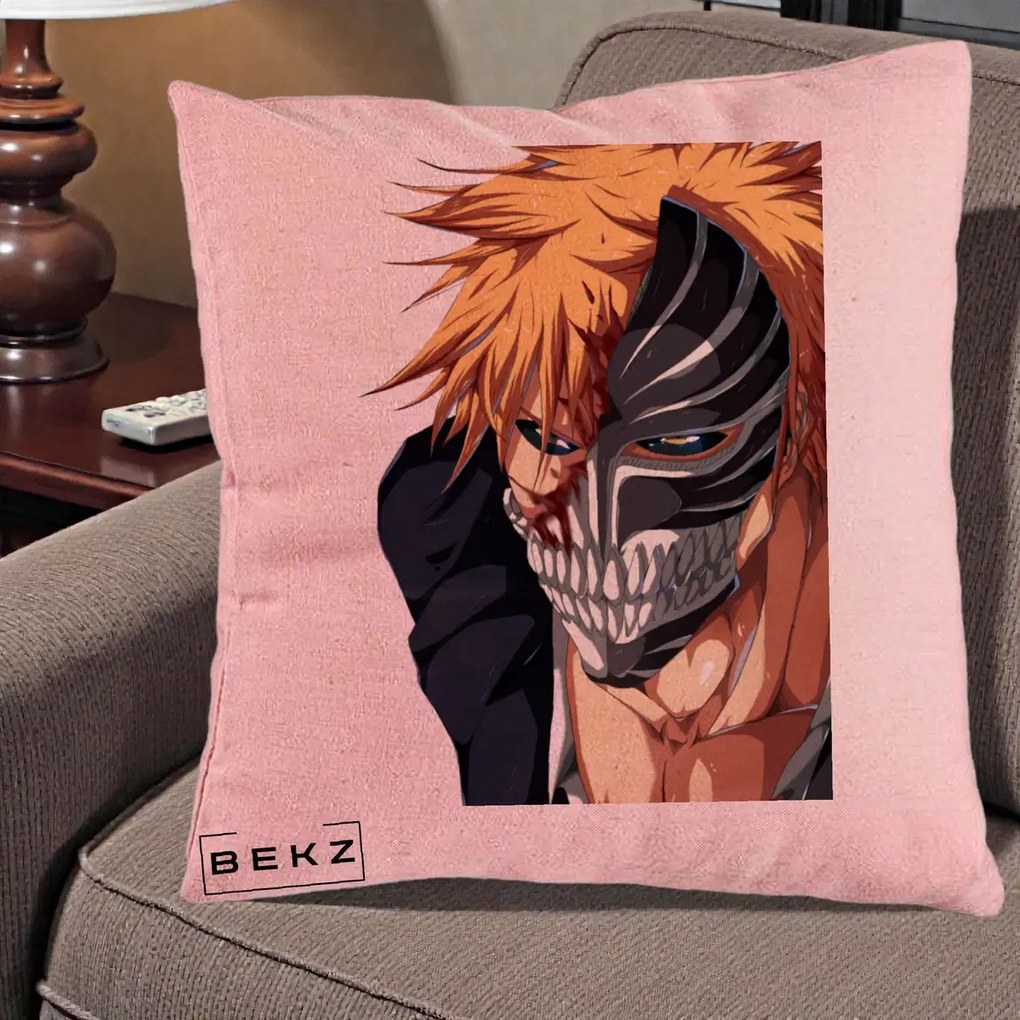 Perna Personalizata Bleach Ichigo Masca Hollow, 40x40 cm, Roz, Husa Detasabila, Perna Inclusa, BEKZ®