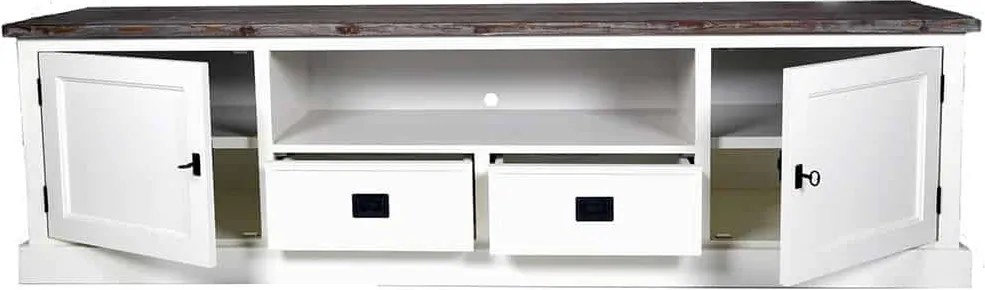 Comodă TV lemn masiv alb Lahoma 5 compartimente /Maro, 200 × 45 × 55 cm