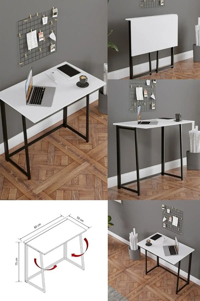 Birou pliabil cu cadru metalic Util Homs 80 x 50 x 75 cm,Alb-negru