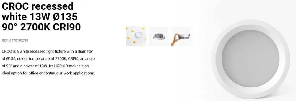 Spot LED incastrabil CROC IP44 recessed white 13W 13,5cm 90 grade 2700K CRI90