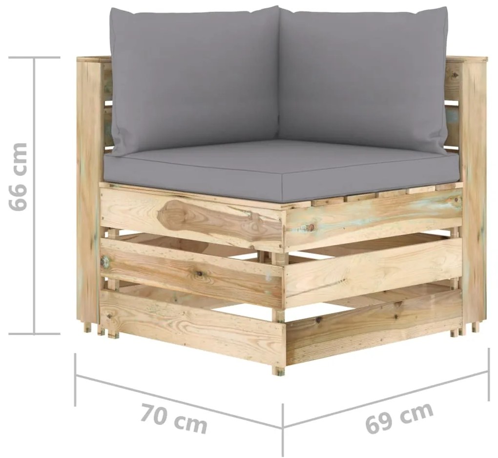 Set mobilier de gradina cu perne, 8 piese, lemn verde tratat Gri si maro, 8