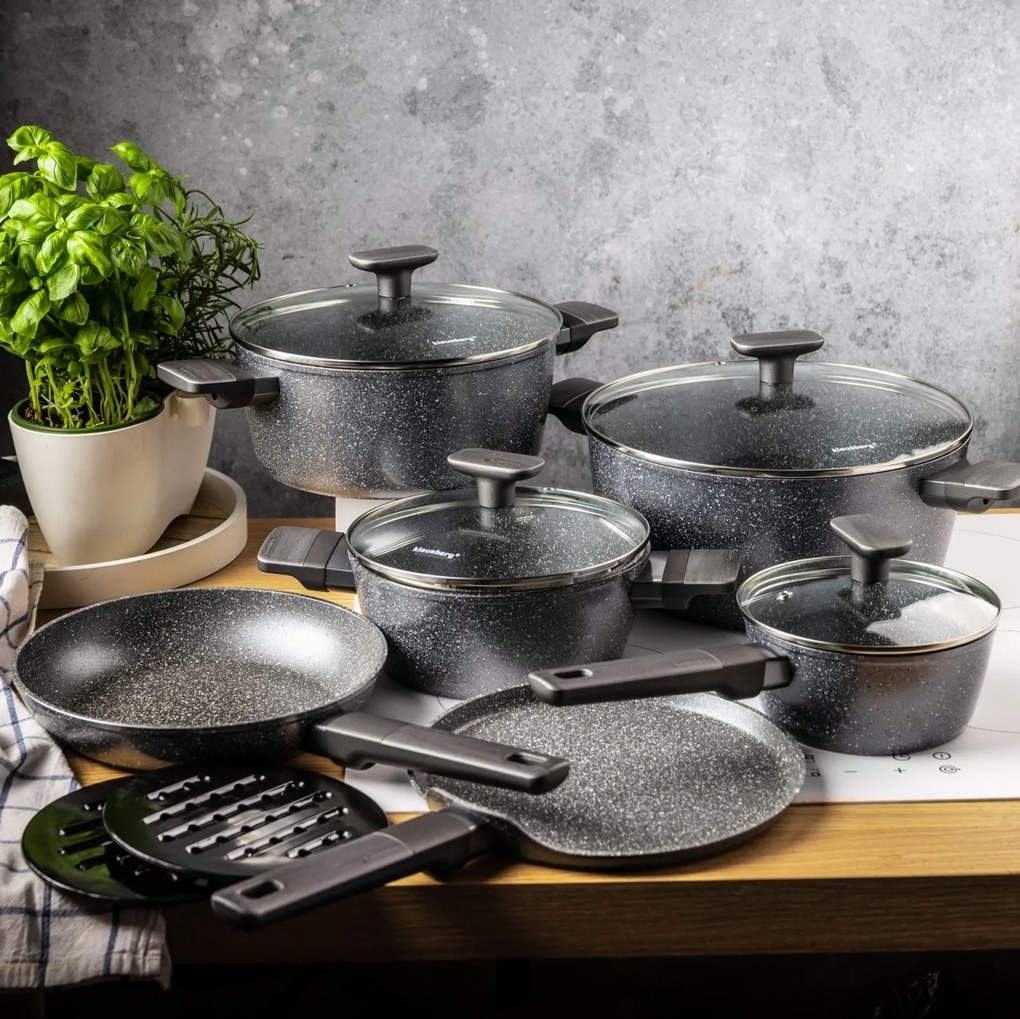 Set oale și tigăi cu capace, strat antiaderent, Klausberg KB7832 – 12 piese, 16–28 cm, compatibil inducție, gri