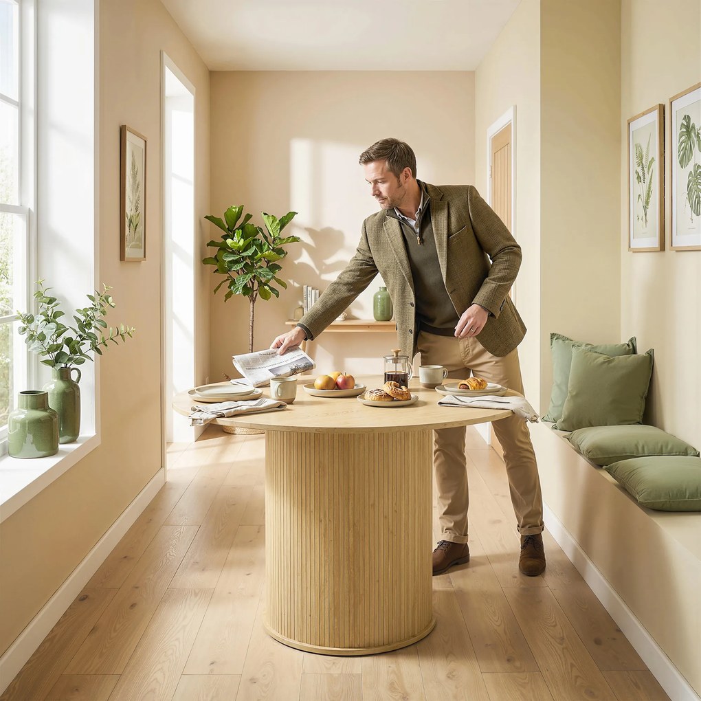 HOMCOM Masă de dining rotundă pentru 5 persoane, Ø 120 x 76 cm, masă de bucătărie cu bază cilindrică canelată, lemn natural | Aosom Romania