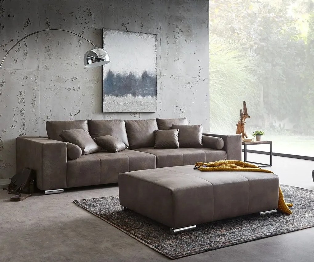 Canapea extensibilă dumonde cu ladă de depozitare si sezut confortabil din spuma high-density, Marbela Tobago Brown XXL 295x100 cm cu taburet inclus