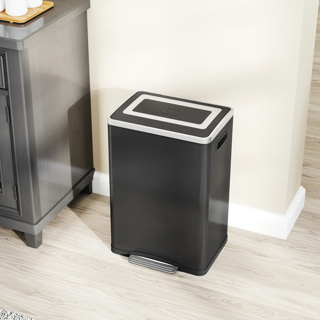 HOMCOM Coș de Gunoi cu 2 Secțiuni de 20L cu Pedală și Capac cu Închidere Moale, din Oțel Inoxidabil și PP, 40x34.8x59 cm, Negru | Aosom Romania