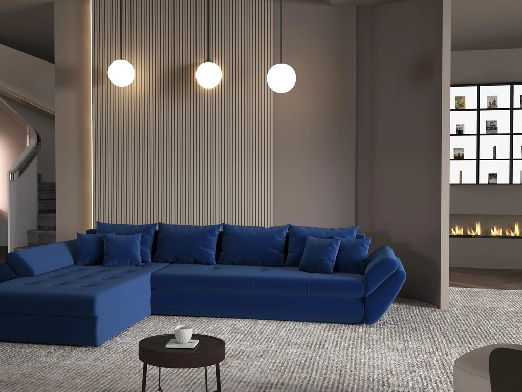 Colțar extensibil dumonde cu ladă de depozitare si sezut confortabil din spuma high-density, Loana XL Royal Albastru 335x185 cm