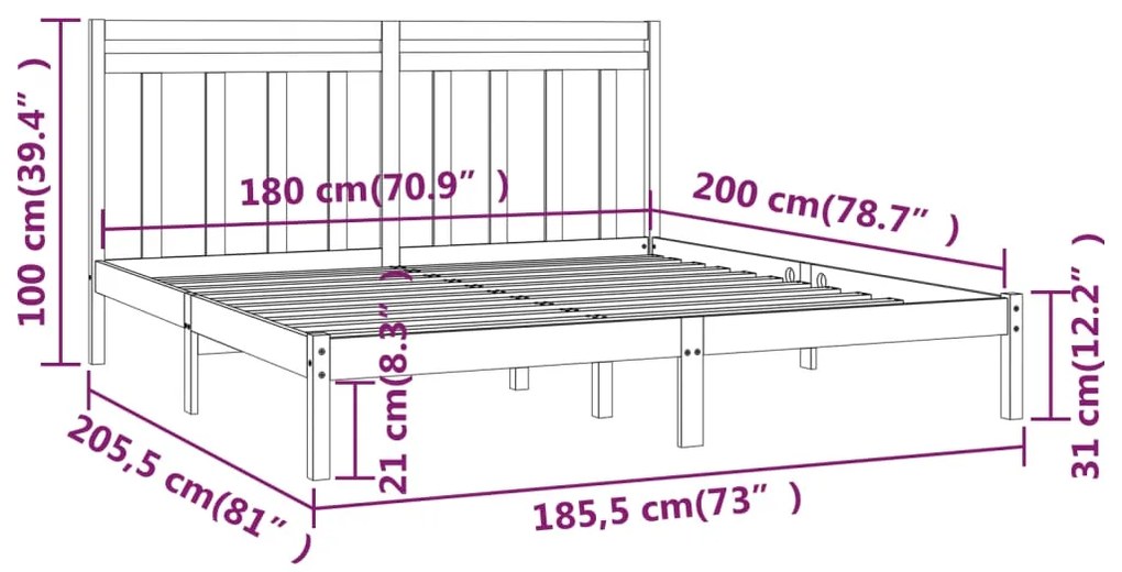 Cadru de pat Super King 6FT, gri, 180x200 cm, lemn masiv Gri, 180 x 200 cm