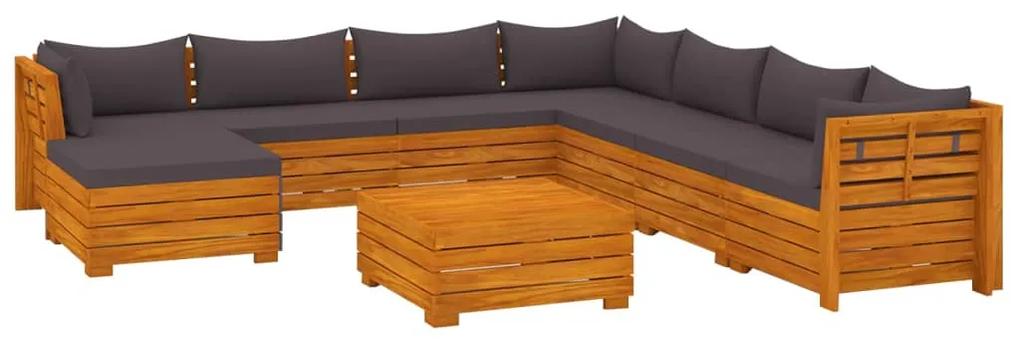 Set mobilier gradina cu perne, 9 piese, lemn masiv de acacia Morke gra, 3x colt + 4x mijloc + suport pentru picioare + masa, 1