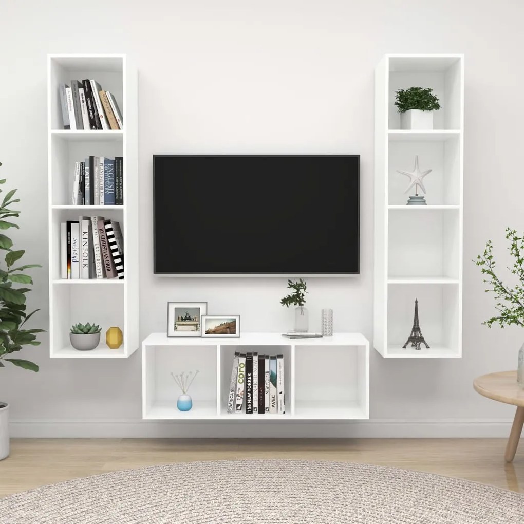 vidaXL Set de dulapuri TV, 3 piese, alb, lemn prelucrat
