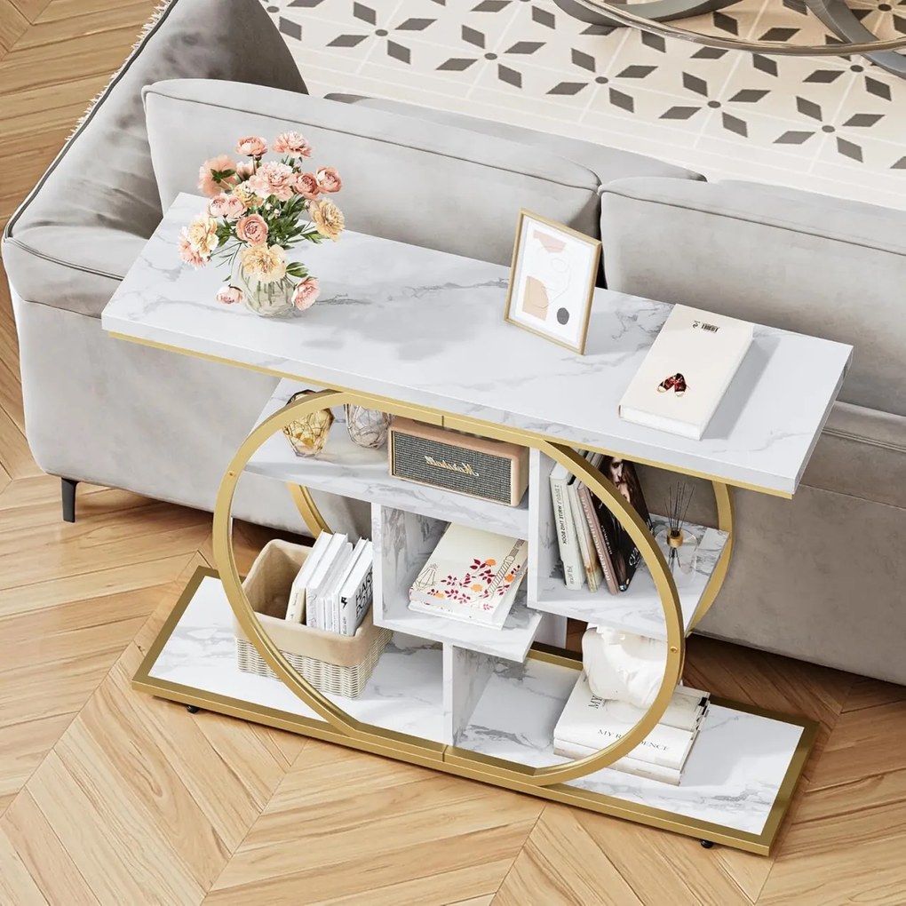 MAU43 - Masa Consola, 105 cm, masuta hol cu rafturi, living, dormitor - Auriu / Alb Imitatie de Marmura