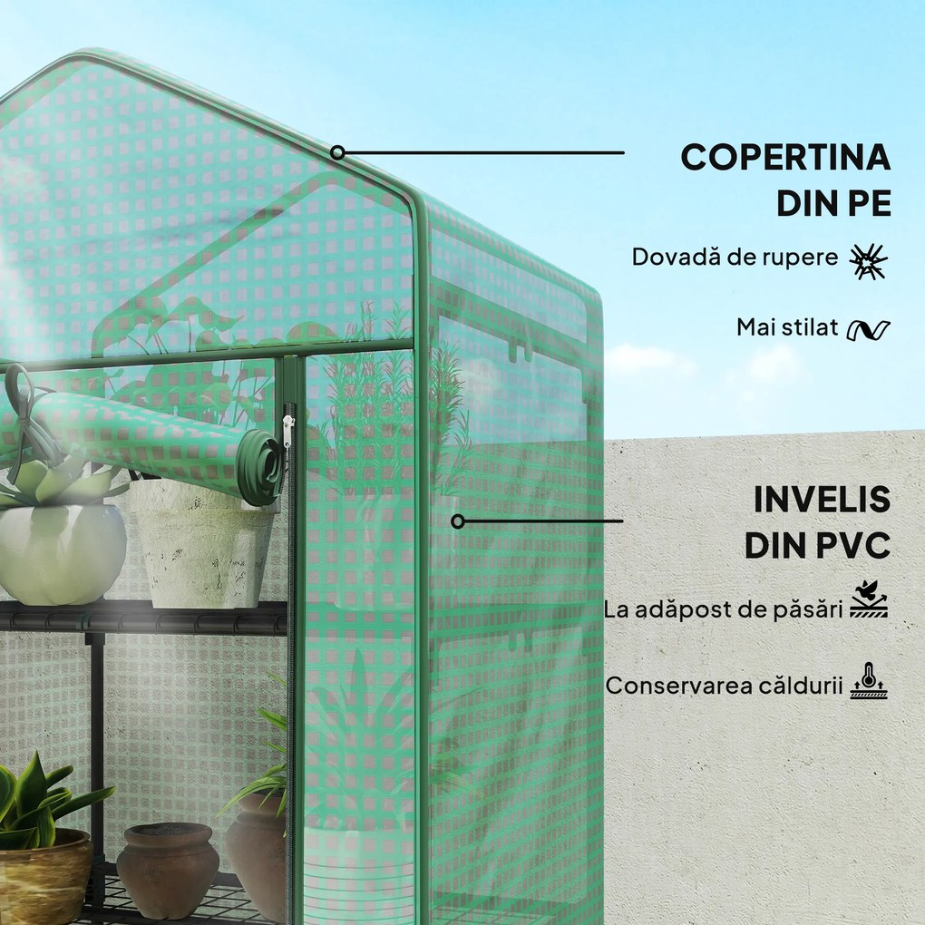 Outsunny Seră de grădină balcon etajere seră 5 niveluri 0,69 x 0,49 x 1,93 m oțel folie rulabilă PE verde | Aosom Romania