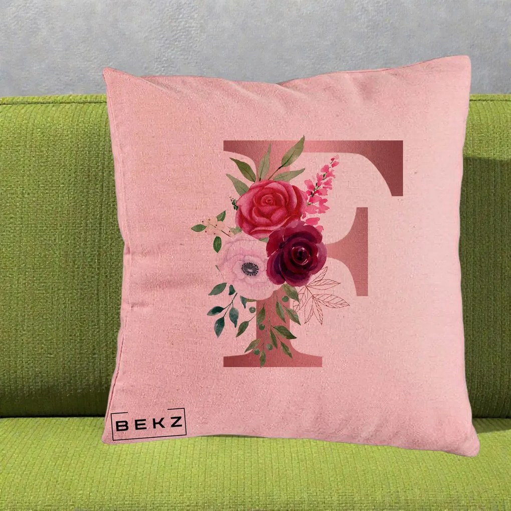 Cadou Personalizat - Perna Personalizata Monograma Rose Gold Litera F, 40x40 cm, Roz, Husa Detasabila, Perna Inclusa, BEKZ®