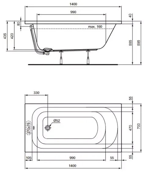 Cada dreptunghiulara Ideal Standard Simplicity 140x70 cm