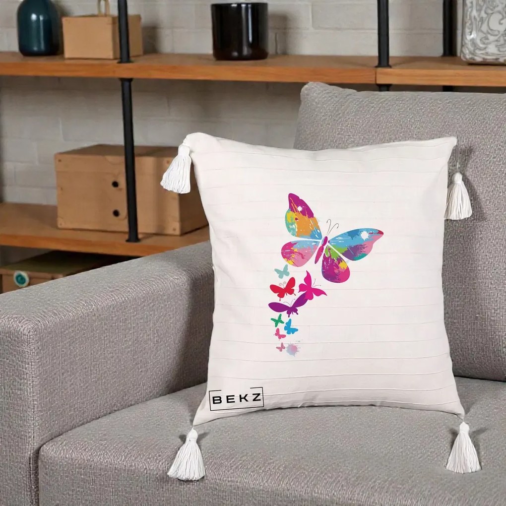 Perna Decorativa Fluturi Splash, 40x40 cm, Bej cu Franjuri, Husa Detasabila, Perna Inclusa, BEKZ®