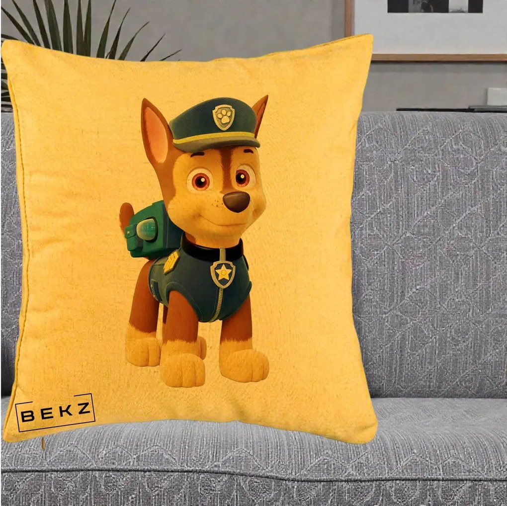 Perna Personalizata Chase PAW Patrol Albastru, 40x40 cm, Galben, Husa Detasabila, Perna Inclusa, BEKZ®