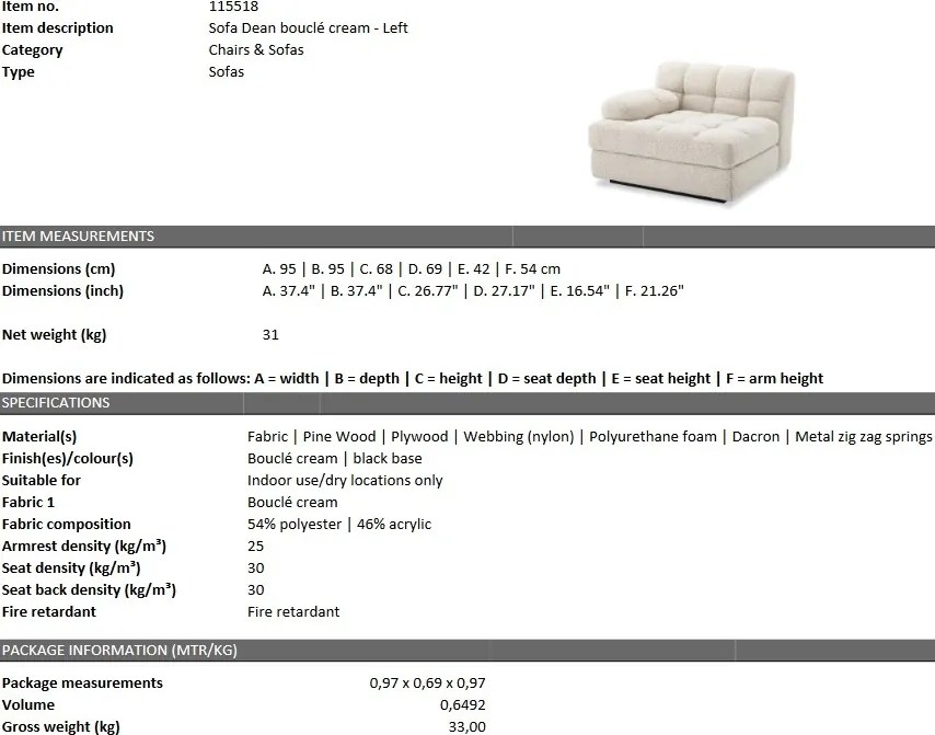 Canapea, Modul stanga design elegant LUX Dean left, boucle crem 115518 HZ