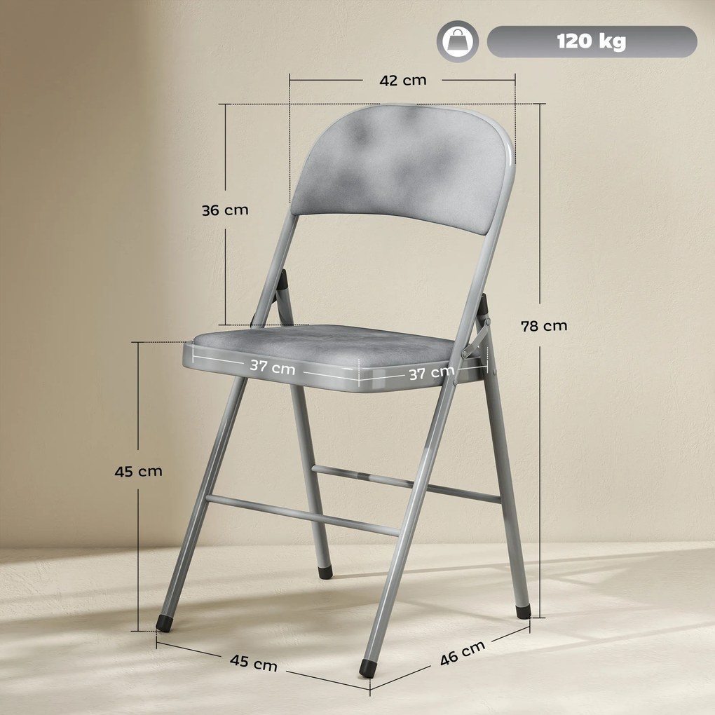 HOMCOM Set de 4 scaune pliante și portabile interior cu șezut și spătar tapitate în catifea, cadru din oțel, gri deschis | Aosom Romania