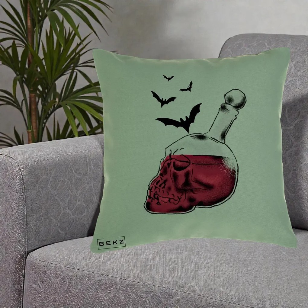 Perna Decorativa Halloween Craniu-Sticla cu Lilieci, 40x40 cm, Verde, Husa Detasabila, Perna Inclusa, BEKZ®
