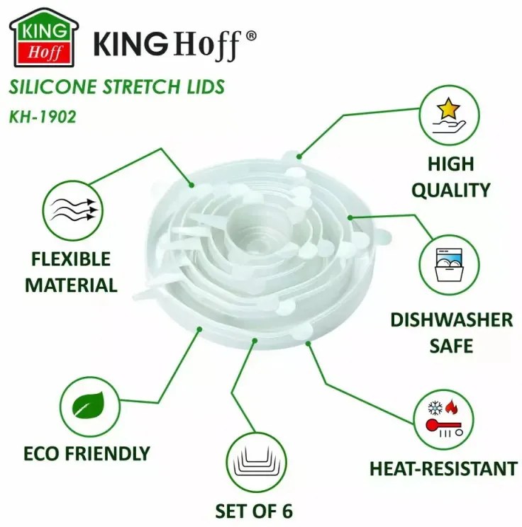 Set 6 capace din silicon Kinghoff KH 1902, -40 pana la 230°C, Etanse, Reutilizabile, Universale, Transparent