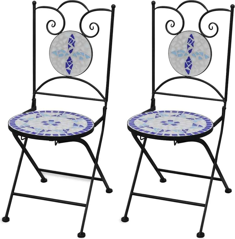 vidaXL Scaune bistro pliante, 2 buc., albastru și alb, ceramică