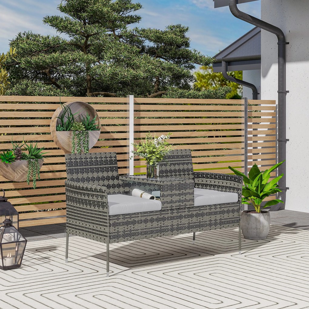 Outsunny Bancă de Grădină cu 2 Locuri din Rattan și Oțel, Bancă de Exterior cu Perne și Măsuță Centrală cu Blat din Sticlă Securizată, 135x64x81 cm, Gri Închis | Aosom Romania