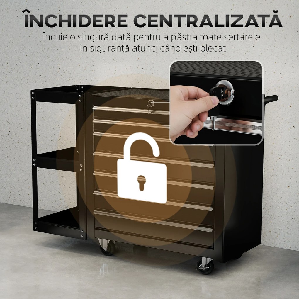 HOMCOM Cărucior pentru Unelte din Oțel cu 7 Sertare, Poliță Laterală Detașabilă, Roți, Capacitate 120kg, Negru | Aosom Romania