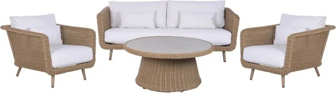 Set lounge exterior din rattan sintetic și structură din aluminiu cu canapea, 2 fotolii, masă și perne, finisaj natural, „Malibu”
