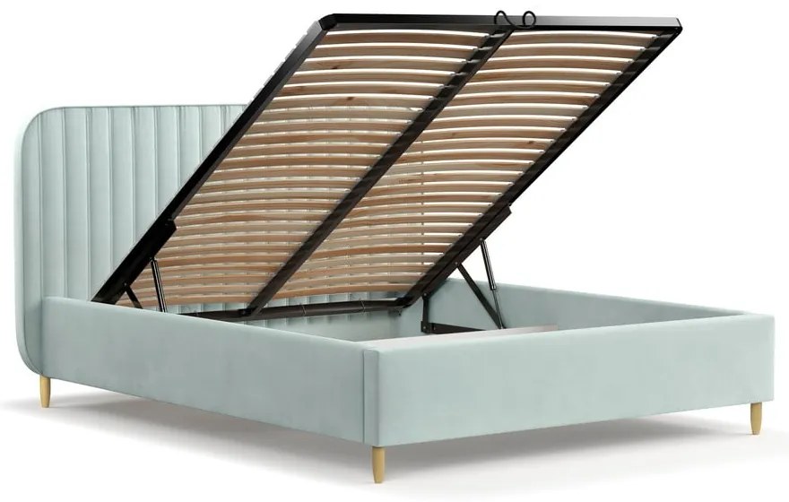 Pat matrimonial verde mentă tapițat cu spațiu de depozitare cu somieră 160x200 cm Noto – Maison de Rêve