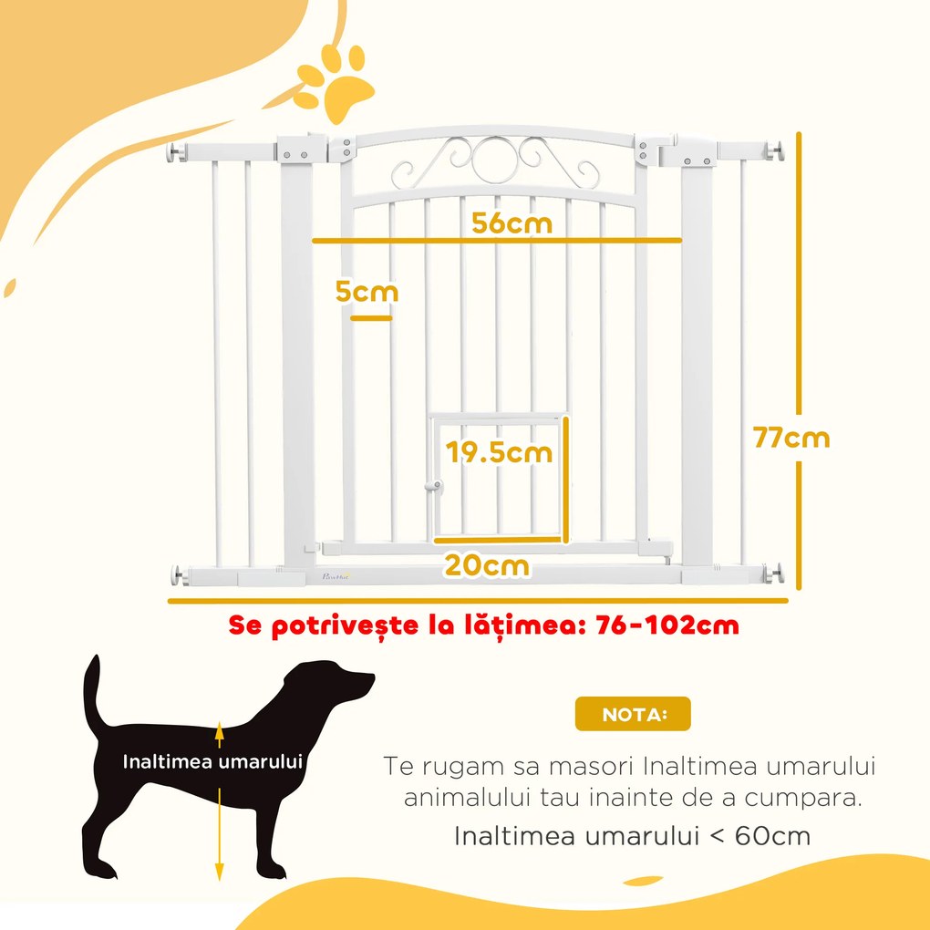 PawHut Ușă de Siguranță pentru Câini de Interior cu 2 Extensii și Ușiță pentru Pisici, 76-104x77 cm, Alb | Aosom Romania