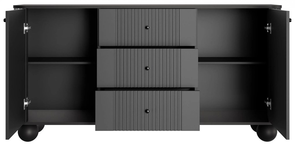Comodă cu sertare Vesper 160 cm picioare sferice - negru / mânere negre