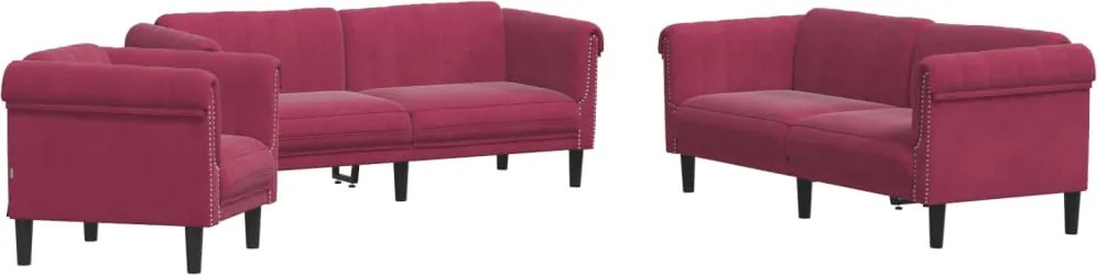 vidaXL Set de canapea, 3 piese, roșu vin, catifea
