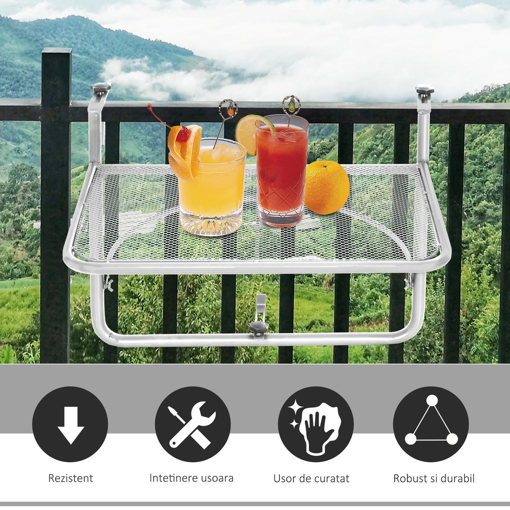 Outsunny Măsuță Suspendată pentru Balcon, Suport Reglabil pe Înălțime, Ideală pentru Spații Reduse, 60x56.5x45cm, Alb | Aosom Romania