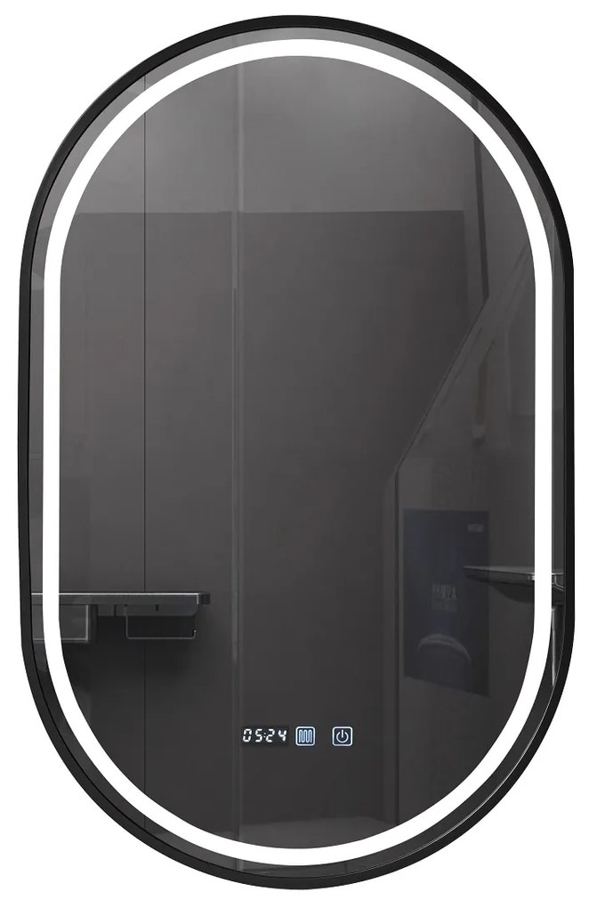 Oglinda baie, Multifuncțională, Iluminare LED 3 culori, Ceas încorporat, Sistem Dezaburire, Rama Negru, 45x90 cm