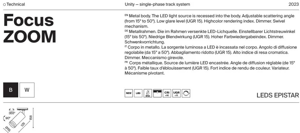 Spot LED accesoriu pentru sinele monofazate Unity, Focus Zoom alb