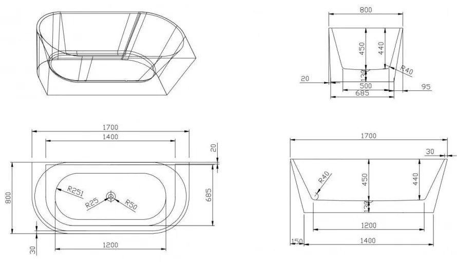 Set cada baie freestanding, lipita de perete, 170x80 cm, Mara si baterie cada neagra Ophelia Foglia