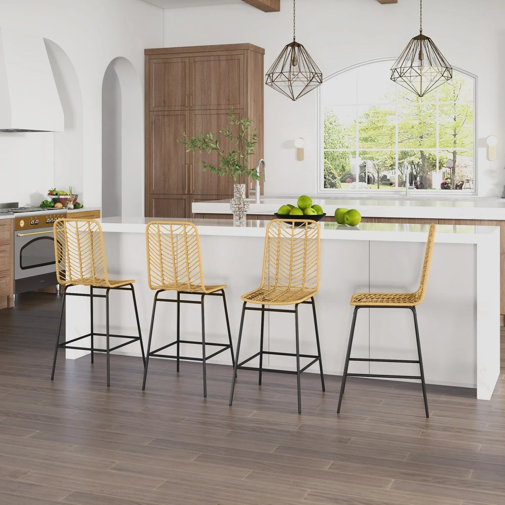 HOMCOM Set de 4 taburete de bar, scaune de bar, spătar împletit și suport pentru picioare, cadru din oțel, 42,5x52x102cm, galben | Aosom Romania