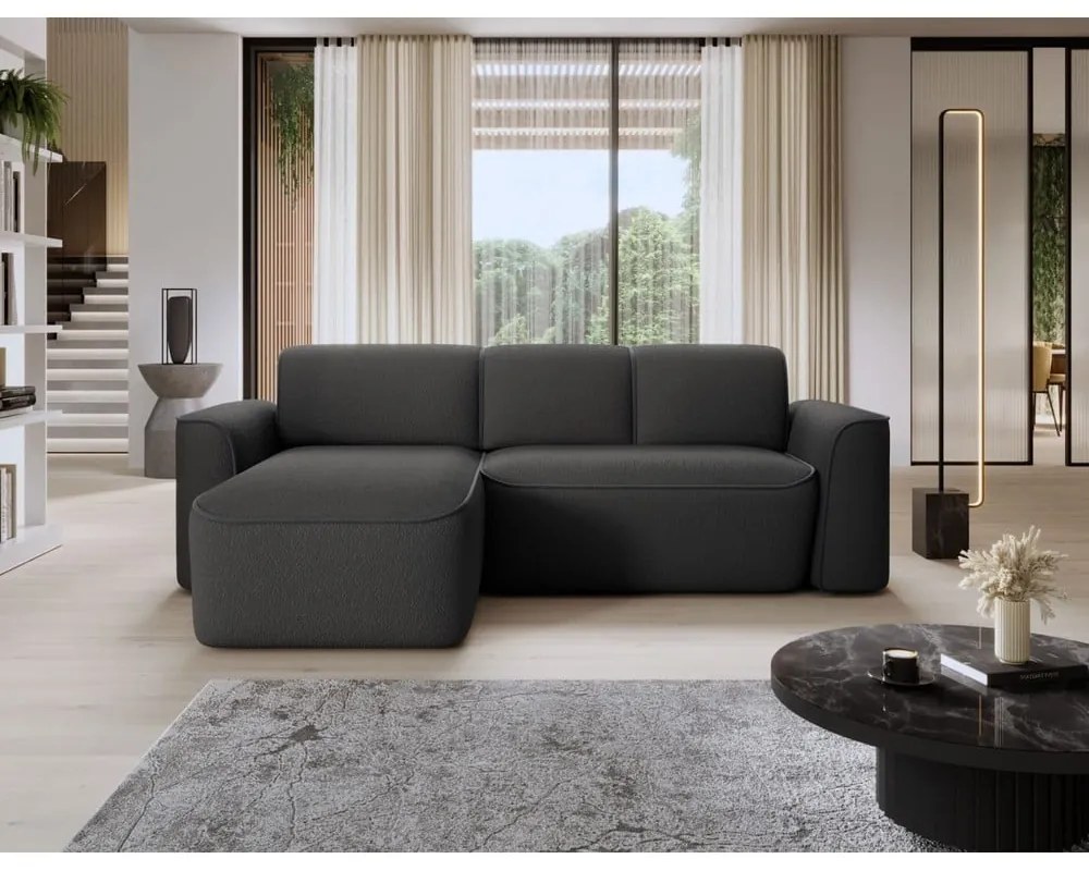 Colțar gri antracit cu tapițerie din țesătură bouclé (cu colț pe partea stângă/cu șezlong) Ume – ELTAP