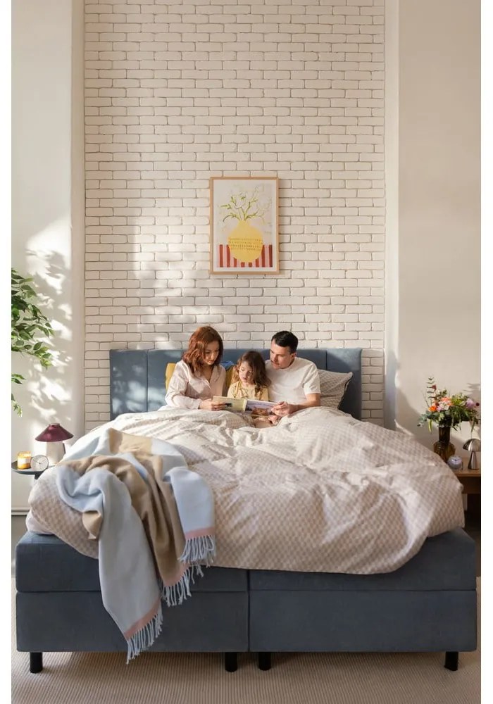 Pat boxspring albastru cu spațiu de depozitare 160x200 cm Elva Bold Line – Bonami Selection