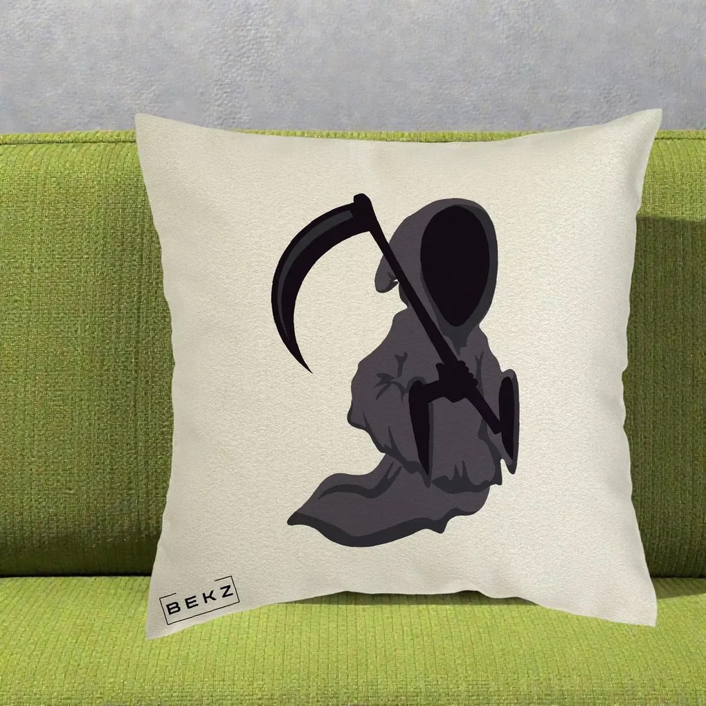 Perna Decorativa Moartea cu Coasa Grim Reaper Halloween, 40x40 cm, Ecru, Husa Detasabila, Perna Inclusa, BEKZ®