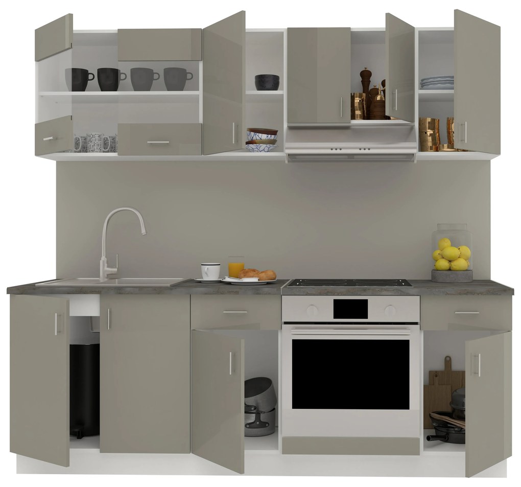 Set Bucatarie Karo V13, Gri Lucios/Alb, MDF, Blat Thermo 28 mm, L 220 cm