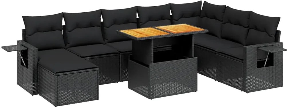 vidaXL Set mobilier de grădină cu perne, 9 piese, negru, poliratan