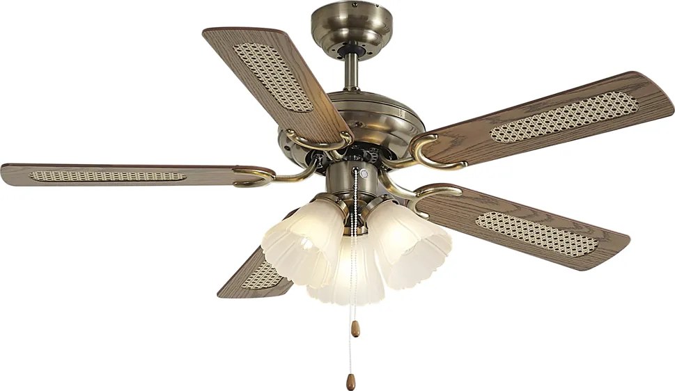 Ventilator de tavan din alamă cu imprimeu de lemn și ratan 105cm cu comutator cu lanț - Mistral Lia