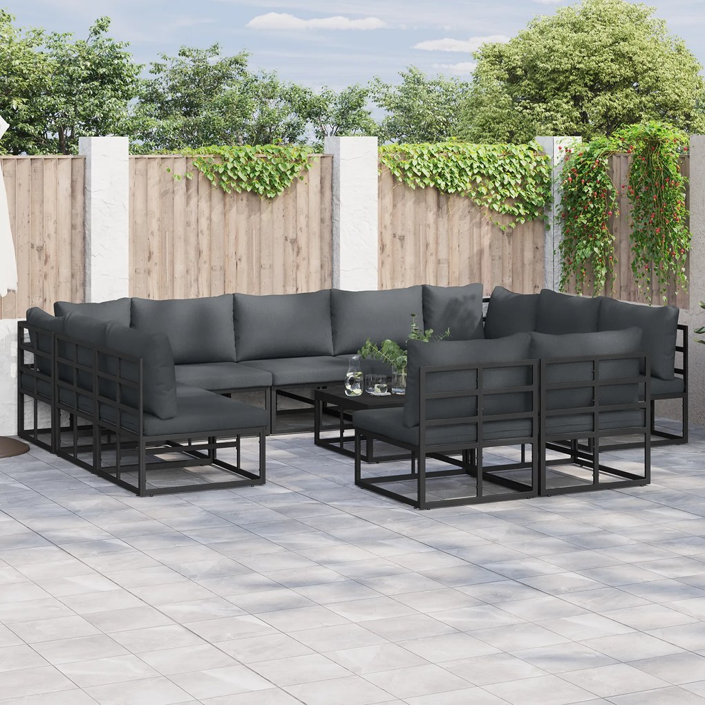 vidaXL Set de canapele pentru grădină cu pernă 11 pcs Negru Aluminiu