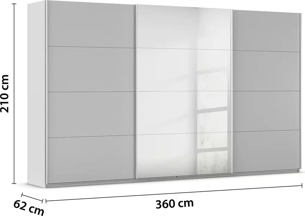 Dressing 360 cm lungime, 3 uși glisante, oglindă pe mijloc, culoare gri mătase, compartimentare premium, 210 cm înălțime