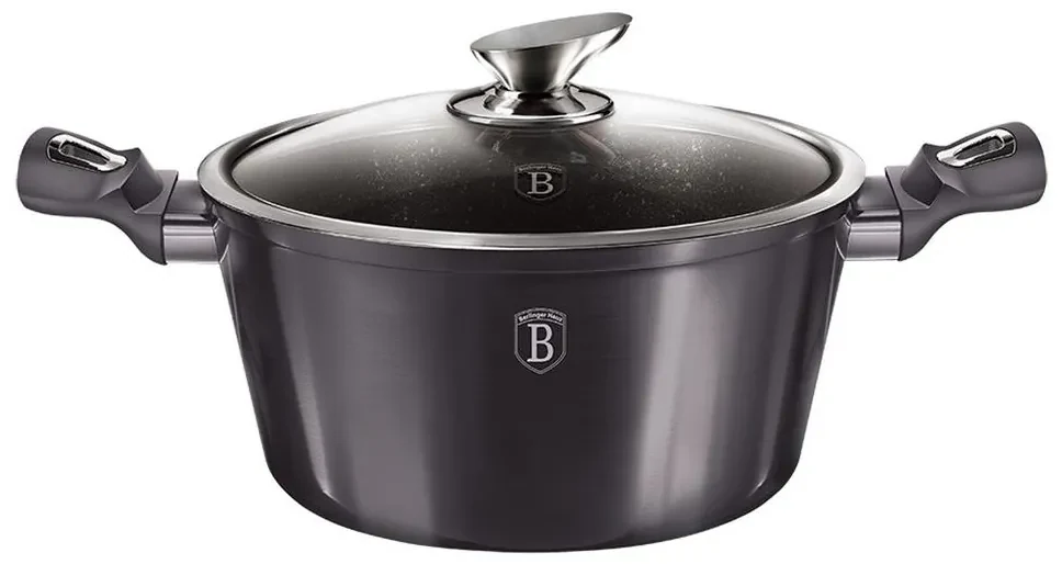 Oală cu suprafață marmorată + capac 28 cm neagră BerlingerHaus
