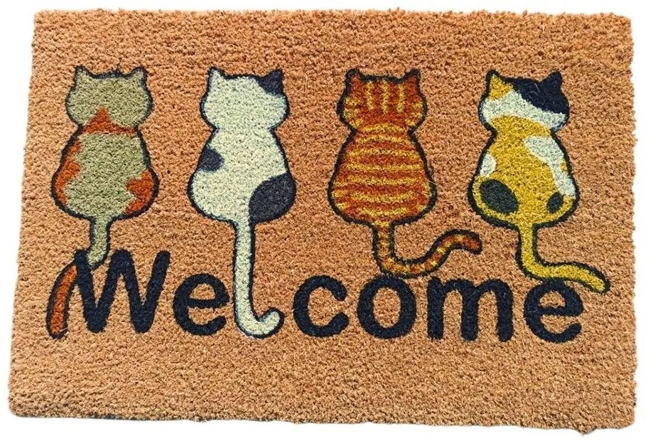 Covoraș de intrare de cocos Home Elements Welcome Pisici, 40 x 60 cm