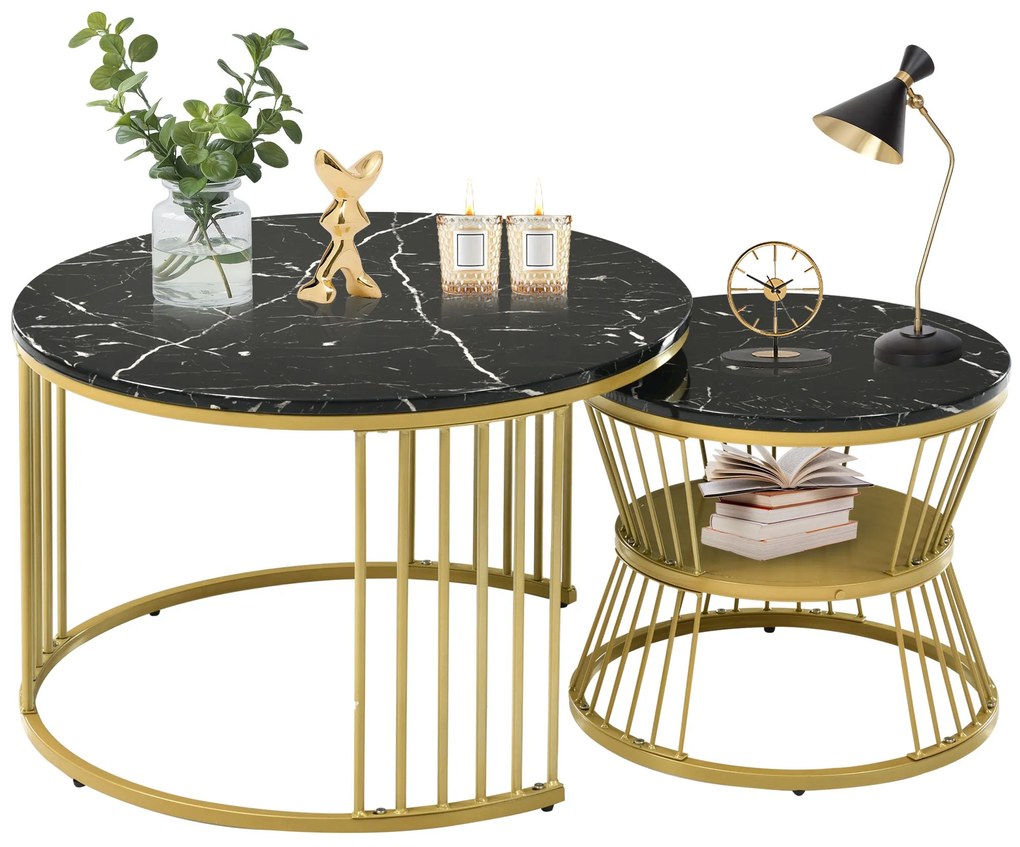 Set de 2 Măsuțe de Cafea Moderne, cu Blat cu Efect de Marmură și Cadru Metalic Auriu, Dimensiuni 70x70x47 cm și 45x45x40 cm, Negru
