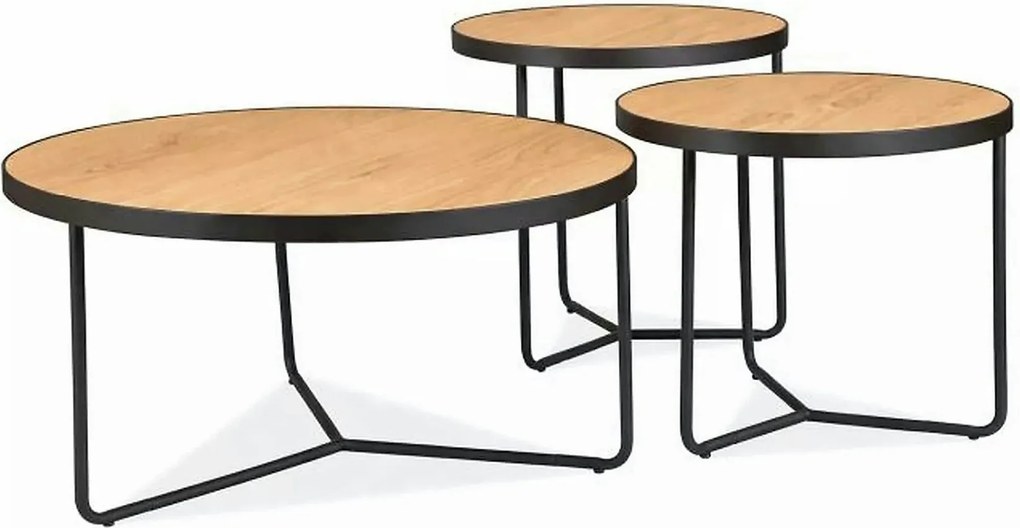 Set 3 măsuțe cafea DEMETER, stejar/negru, furnir/metal/MDF